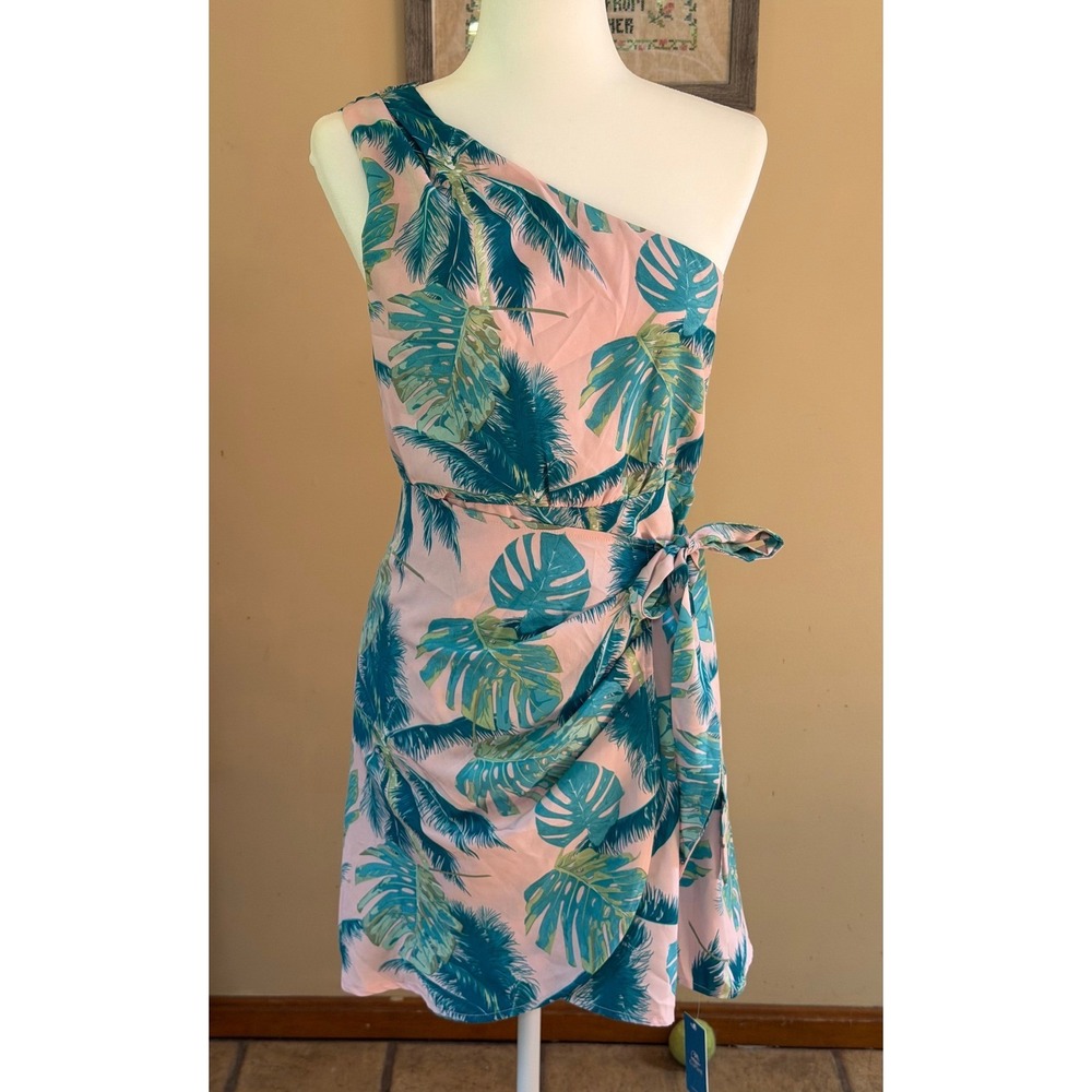 NWT Cupshe Pink Green Tropical Leaf Print One-Shoulder Mini Wrap Dress Small
